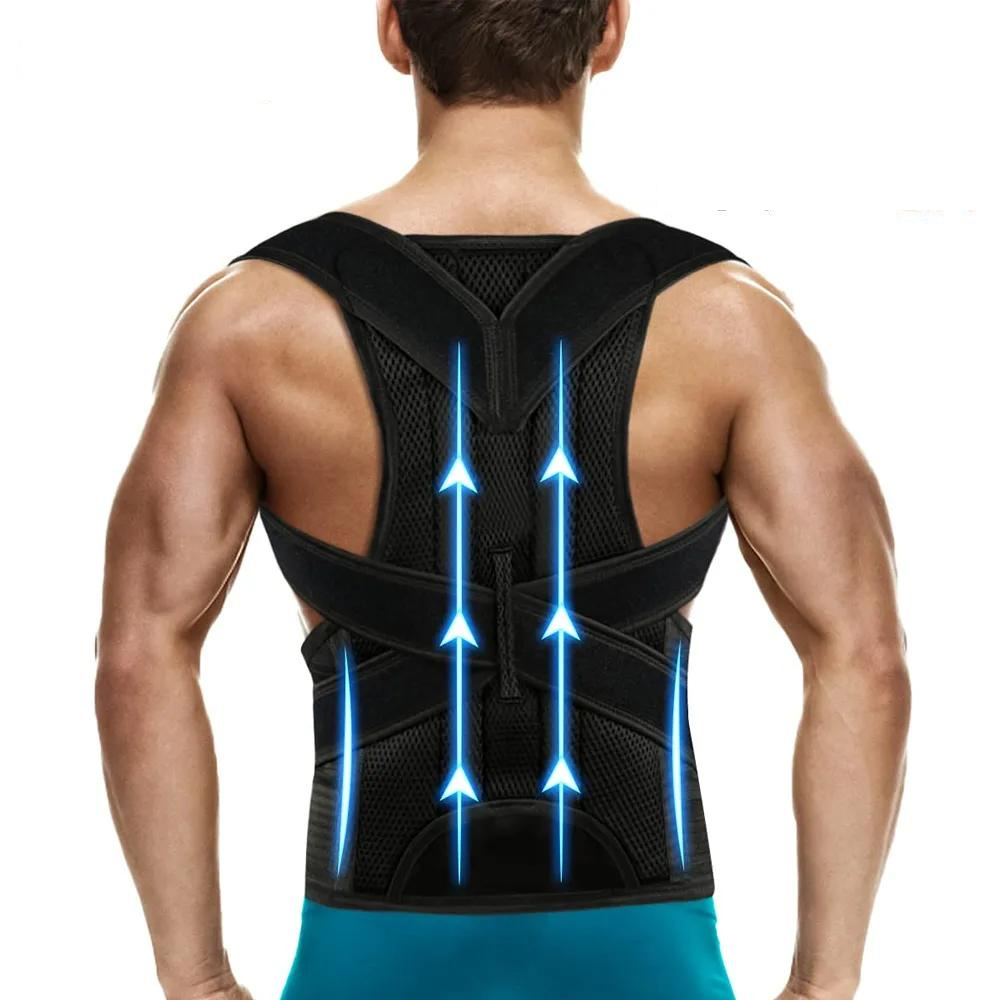 A men wearing a black Posture Corrector for Shoulder Pain and Back Pain with Lumbar Support with blue lights on a white background