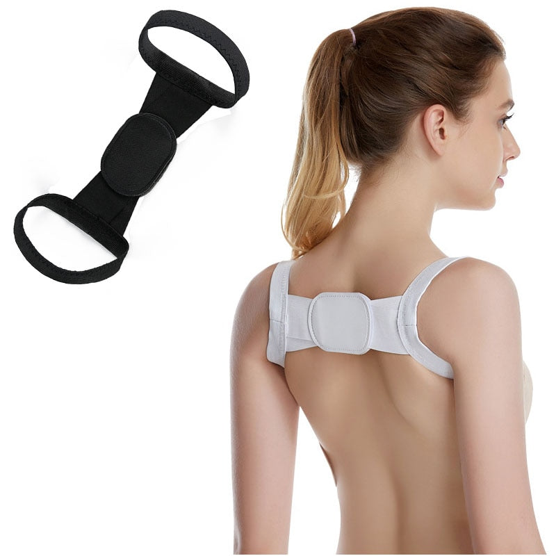 Woman wearing a white comfortable posture corrector with a close-up of the black strap on a white background.
