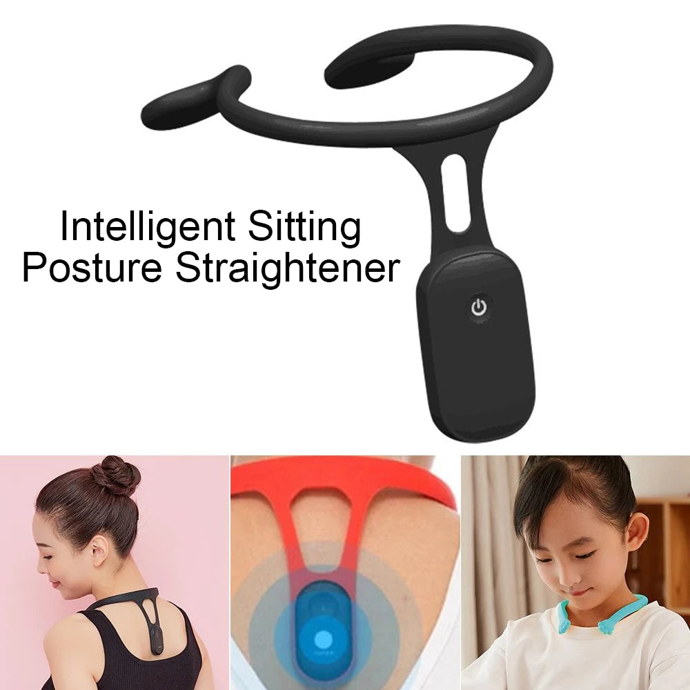 Intelligent sitting posture straightener with images of people using it on a white background