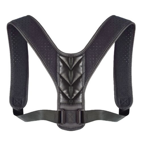 A black adjustabe Posture Corrector for Shoulder Pain and Back Pain on a white background