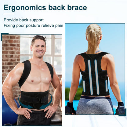 Ergonomics Posture Correctors for Shoulder Pain and Back Pain with Lumbar Support with two people wearing it, one indoors and one by a pool.