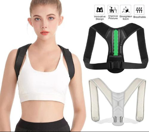 Woman wearing a black adjustable Posture Corrector for Shoulder Pain and Back Pain With and an inset images of the product and text about features.