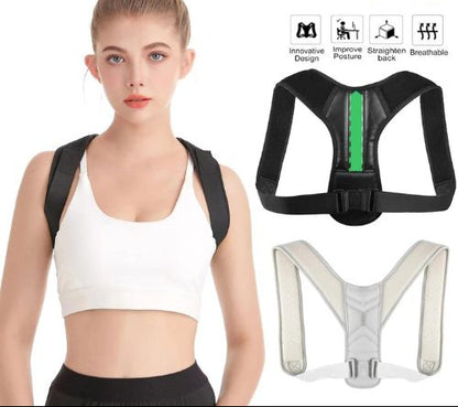 Woman wearing a black adjustable Posture Corrector for Shoulder Pain and Back Pain With and an inset images of the product and text about features.