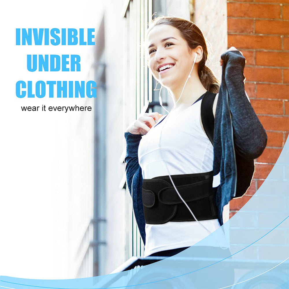 Woman wearing a bblack Posture Corrector for Shoulder Pain and Back Pain with Lumbar Support with text 'Invisible under clothing wear it everywhere on a blurred background.
