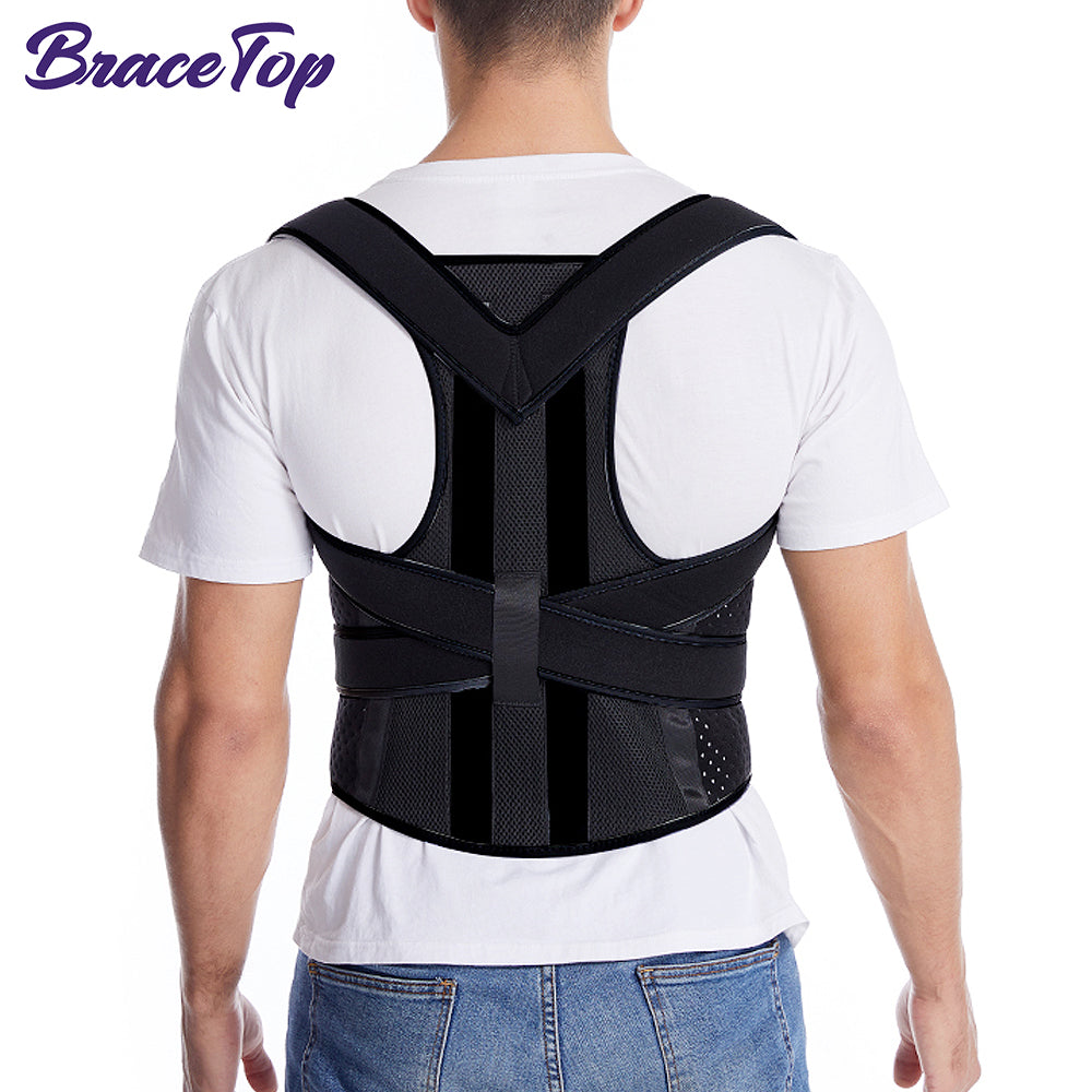 A men wearing a black Posture Corrector for Shoulder Pain and Back Pain with Lumbar Support on a white background