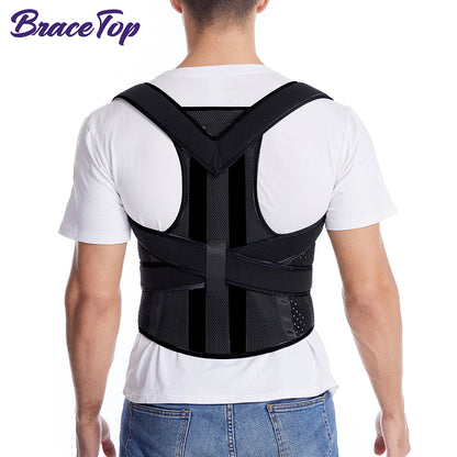 A men wearing a black Posture Corrector for Shoulder Pain and Back Pain with Lumbar Support on a white background
